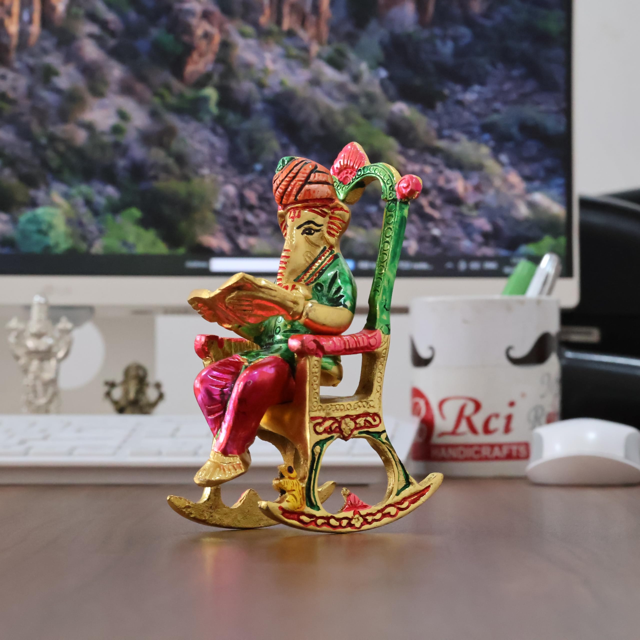 Kridaykraft Metal Chair Ganesh Ji Reading Book With Meenakari Work,Ganesha Metal Statue For Pooja & Home, Office Dcor, Car Dashb